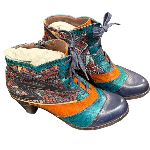 Socofy Boho Womens 7 Blue Splicing Pattern Leather Tapestry Ankle Boots EU 37 - Picture 4 of 11